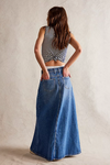 Come As You Are Denim Maxi Skirt With Slit In Sapphire Blue