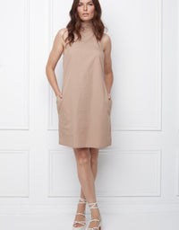 Mel Poplin Mock Neck Halter Dress In Truffle