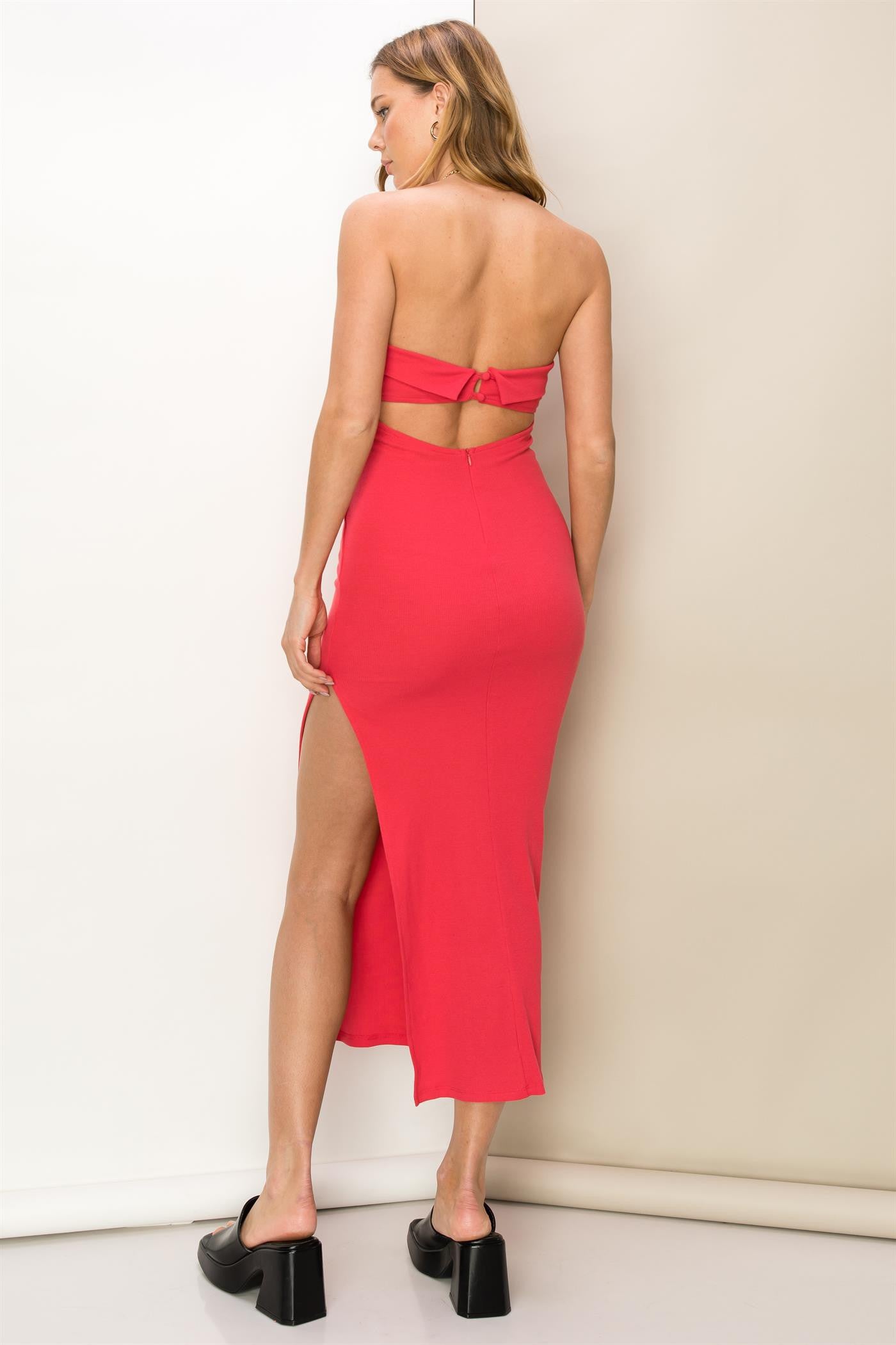 Its A Date Strapless Cutout Midi Dress In Coral Red