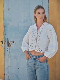 Denim Embroidery Volume Sleeve Top | White