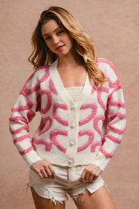 Textured Heart Buttoned V Neck Cardigan