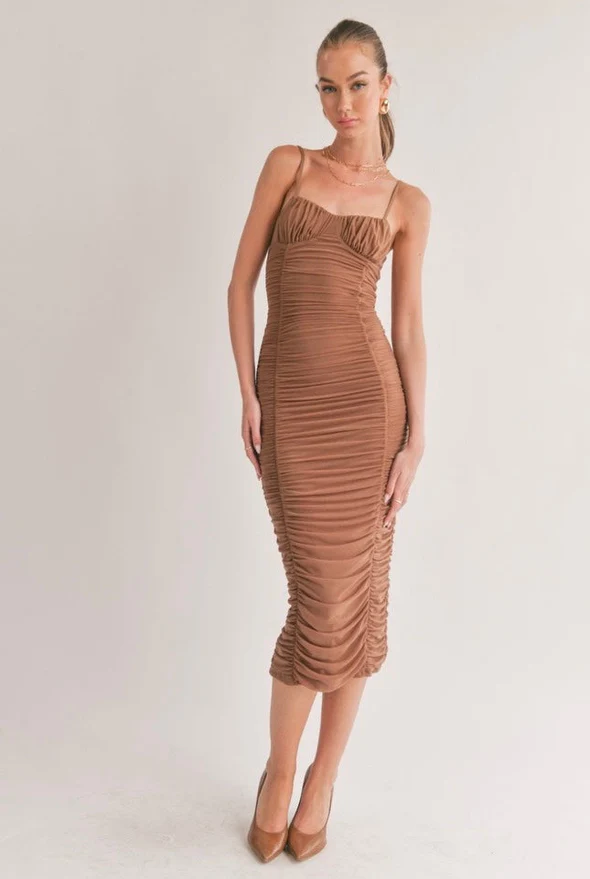 Mesmerize Mesh Ruched Bodycon Midi