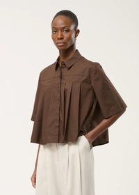 Brown Pleated Cotton Poplin Shirt