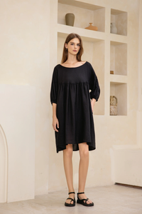 Puffed Sleeve Linen Midi Dress | Black