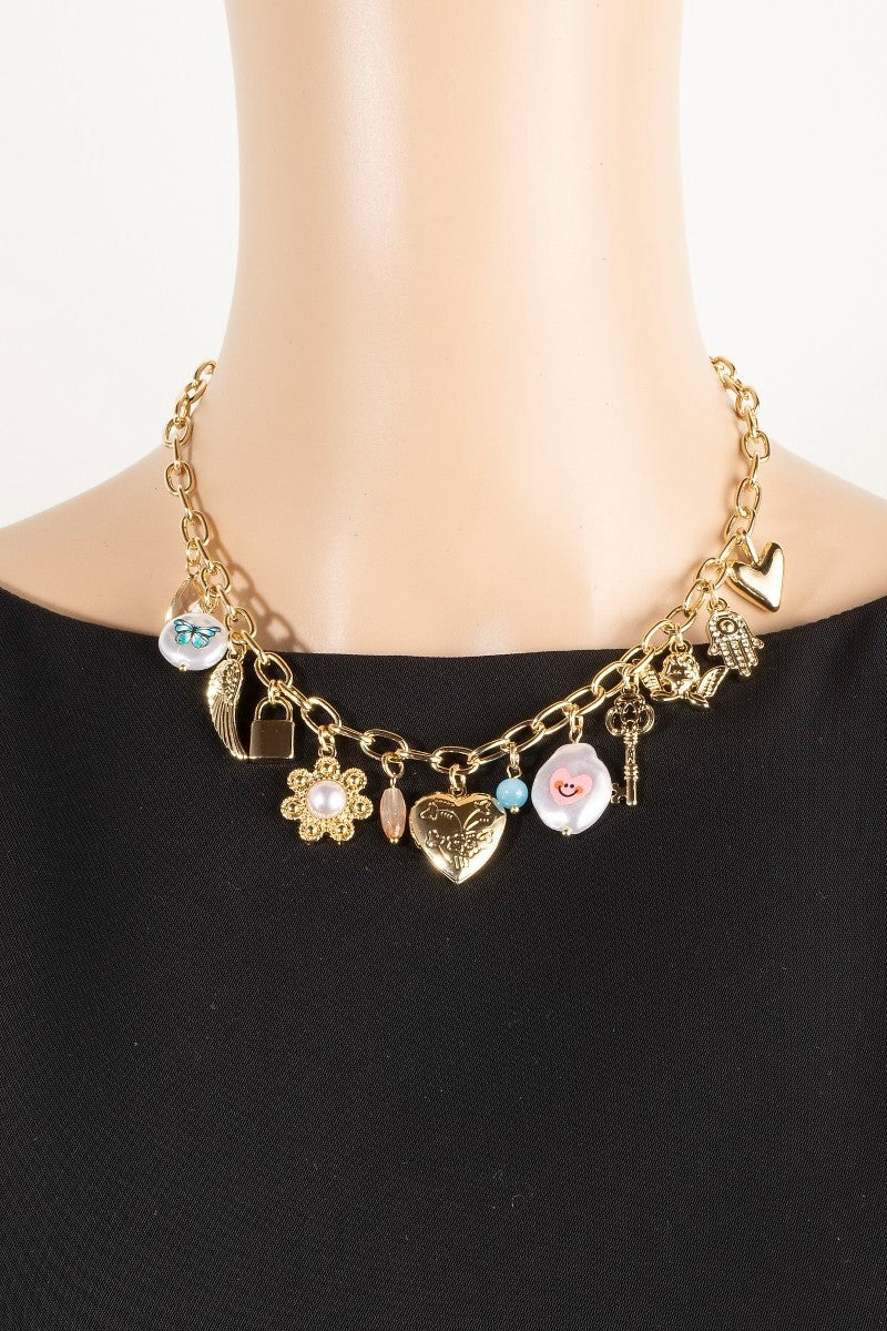 Assorted Charms And Heart Locket Chain Necklace
