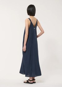 Blue Long Linen Dress With Straps