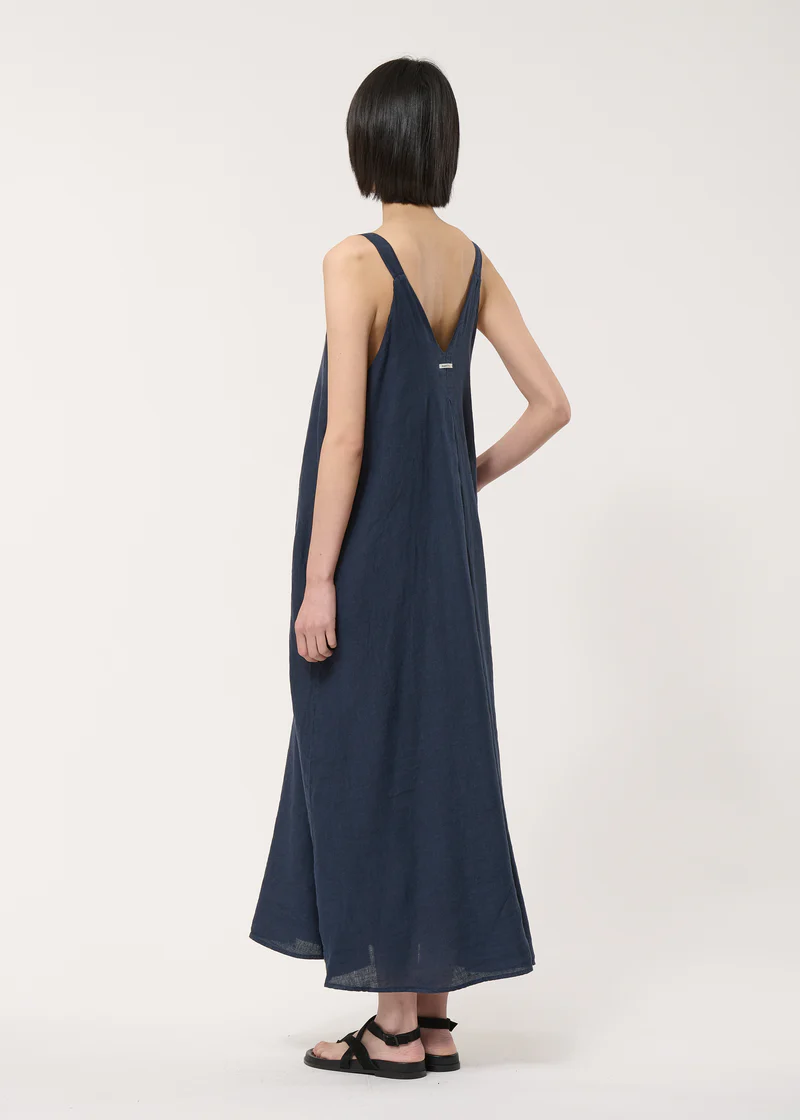Blue Long Linen Dress With Straps