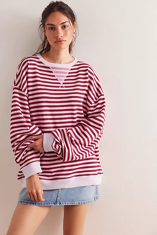 Classic Oversized Striped Crew In Rasberry Combo