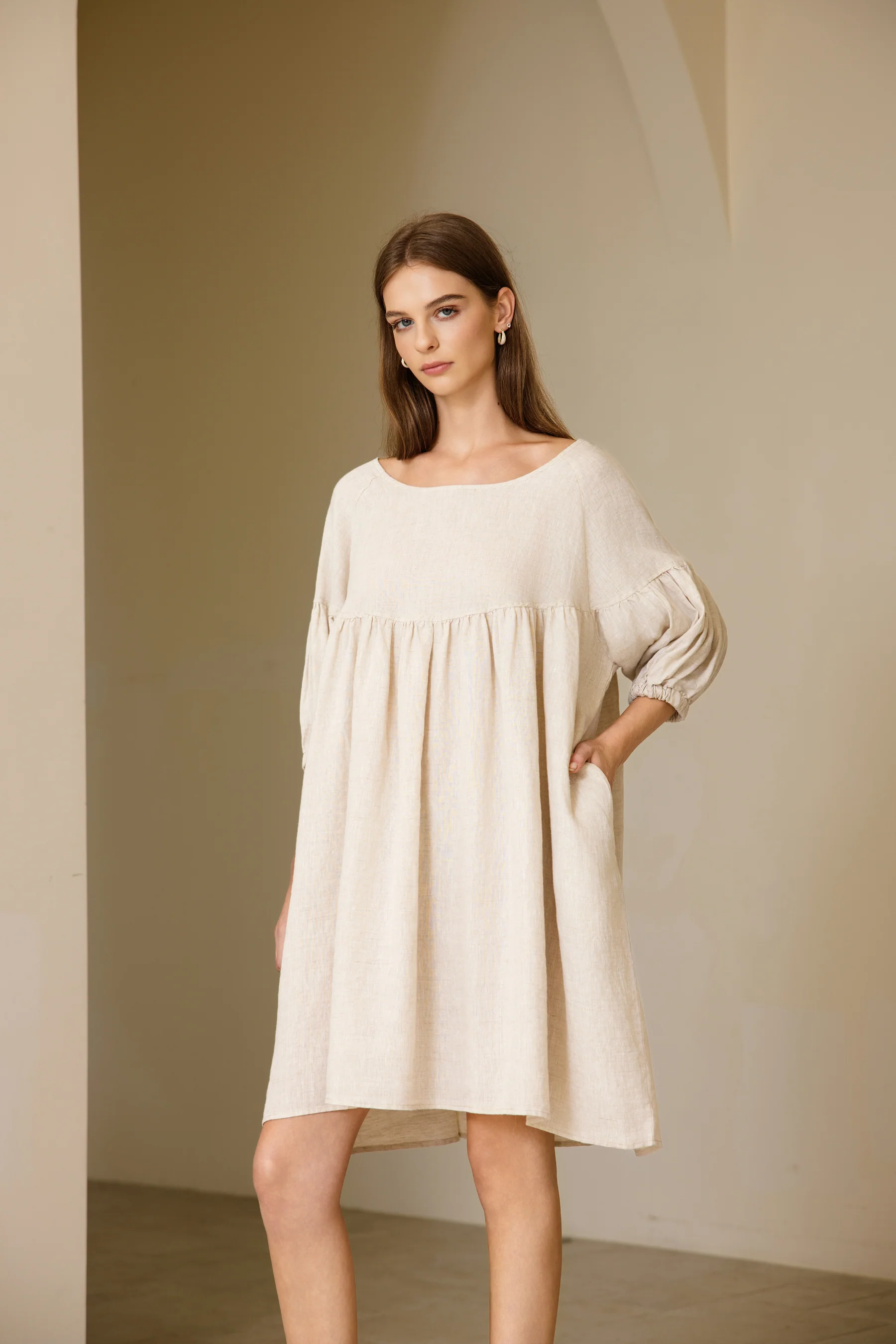 Puffed Sleeve Linen Midi Dress | Sand
