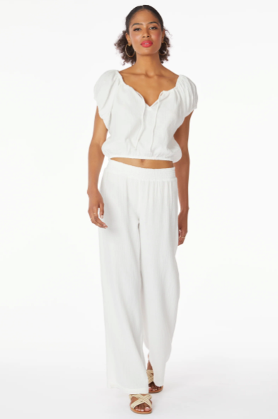 Smocked Waist Wide Leg Pant in White