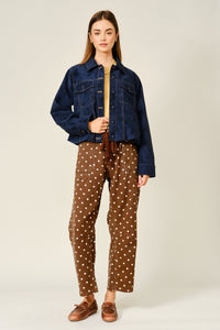 PRE-ORDER Polka Dot Barrel Denim Pants With Eyelet Waist in Brown