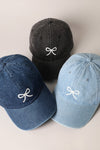 Bow Embroidered Baseball Cap in Washed Black