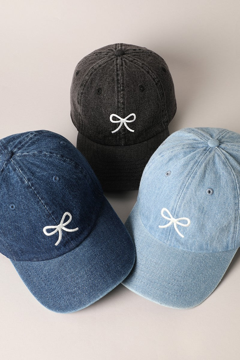 Bow Embroidered Baseball Cap in Washed Black
