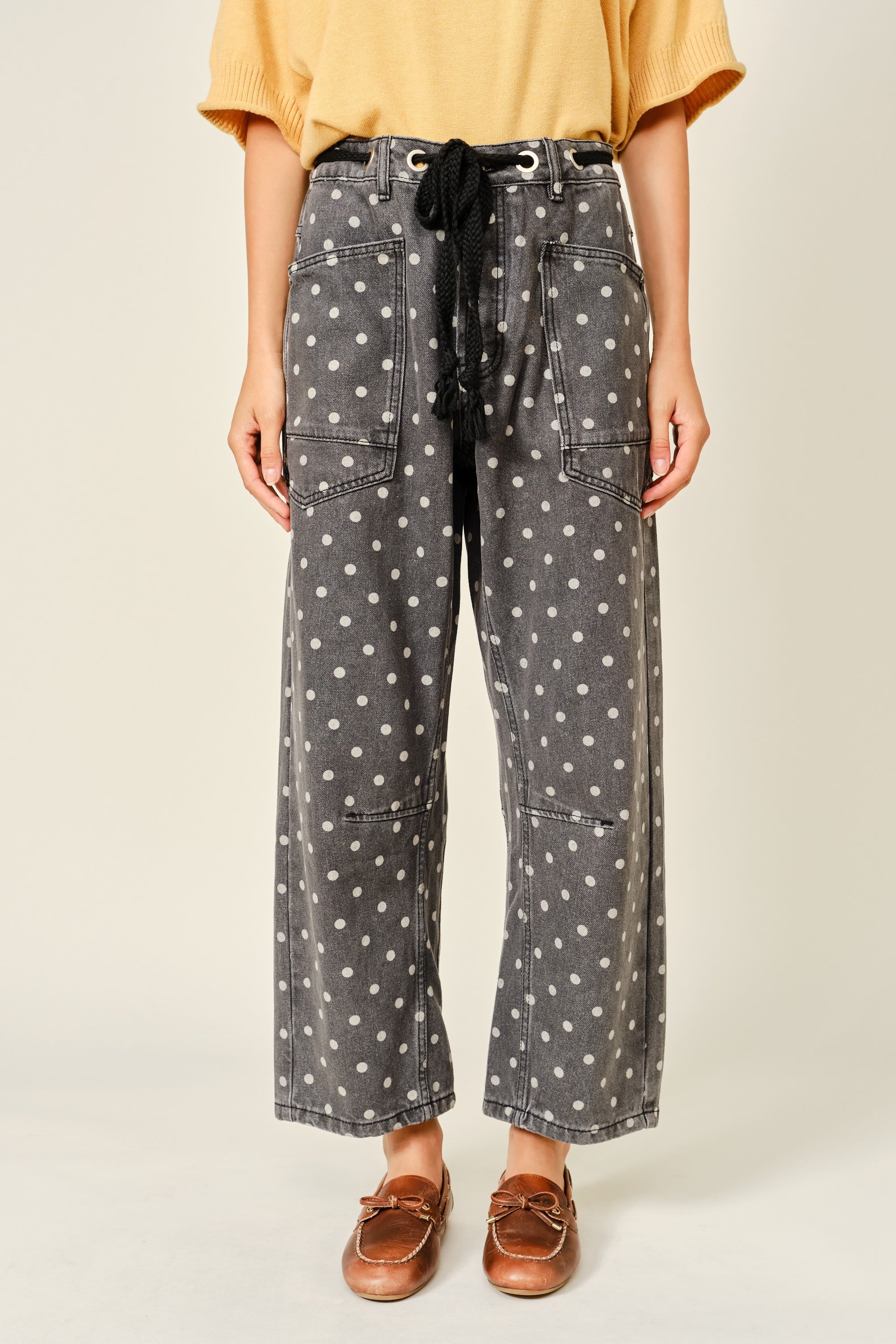 Polka Dot Barrel Denim Pants With Eyelet Waist