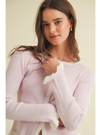 Ribbed Cardigan with Ruffled Trim Color Contrast