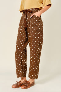 PRE-ORDER Polka Dot Barrel Denim Pants With Eyelet Waist in Brown