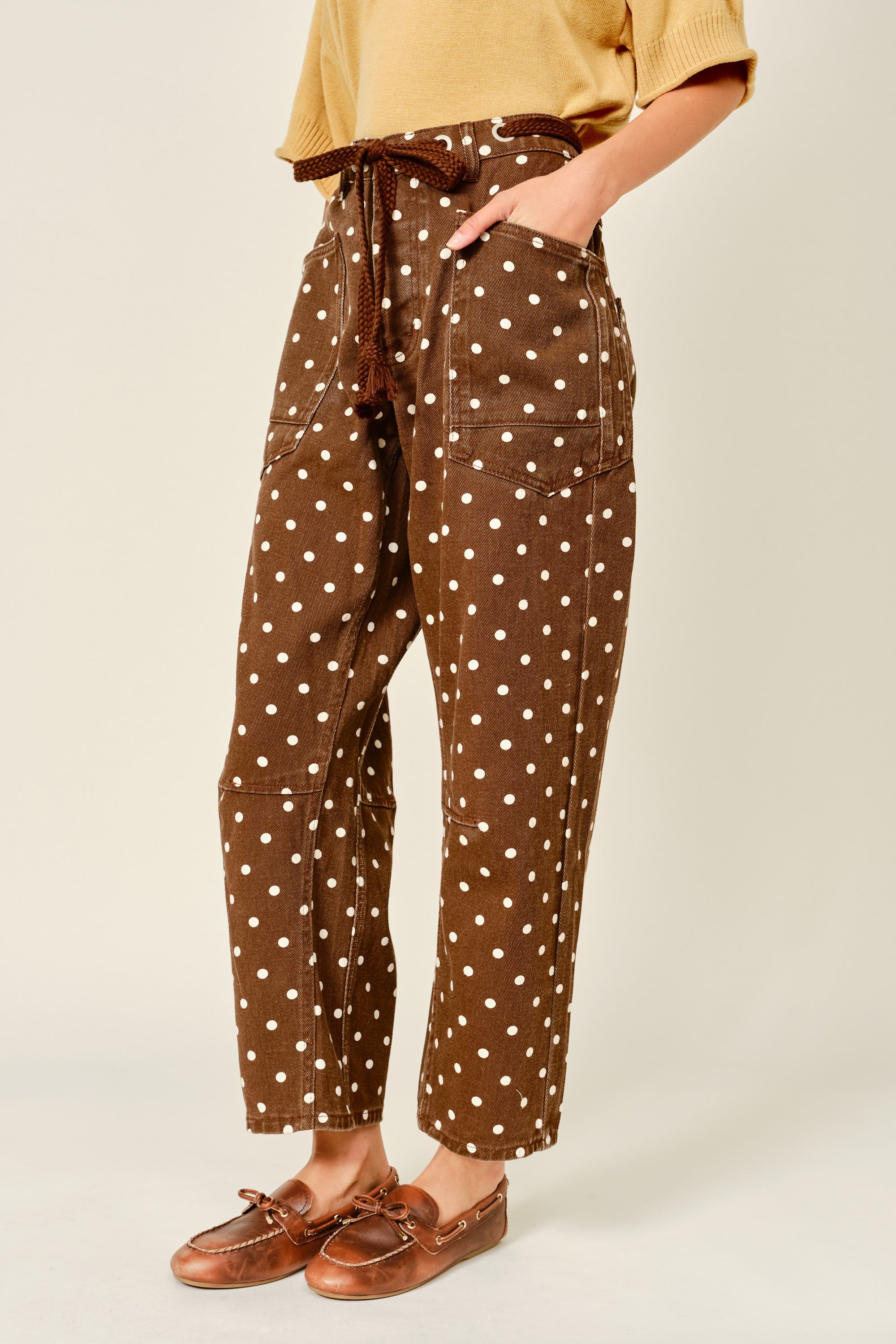 PRE-ORDER Polka Dot Barrel Denim Pants With Eyelet Waist in Brown