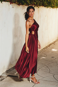 Olympia Asymmetrical Pleated Maxi Dress in Merlot