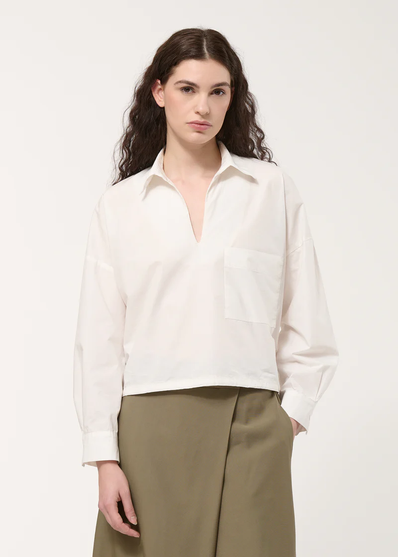 White Cropped Drawstring Blouse In Cotton Poplin