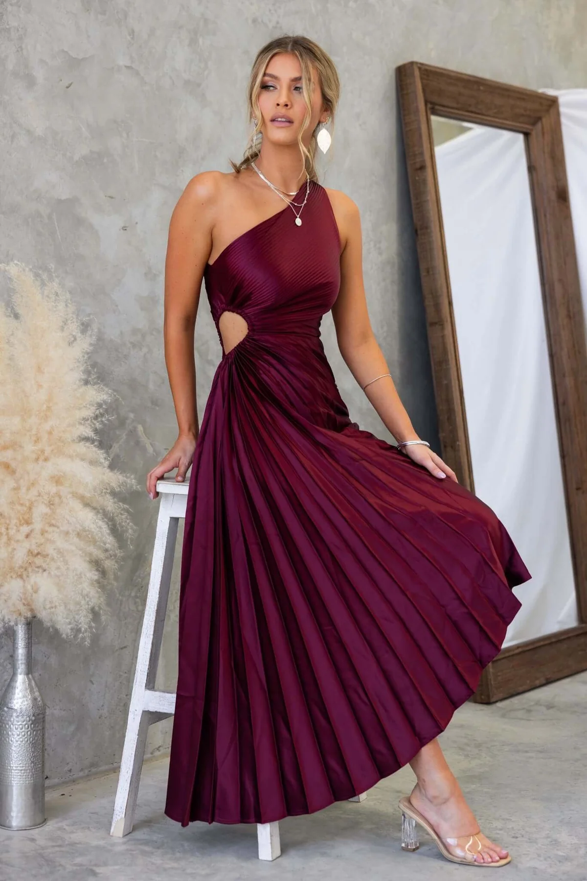 Olympia Asymmetrical Pleated Maxi Dress in Merlot Krush Clothing Boutique Olympia Asymmetrical Pleated Maxi Dress in Merlot Krush Clothing Boutique