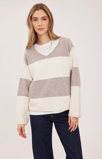 Annalise V-Neck Sweater in Latte Stripe