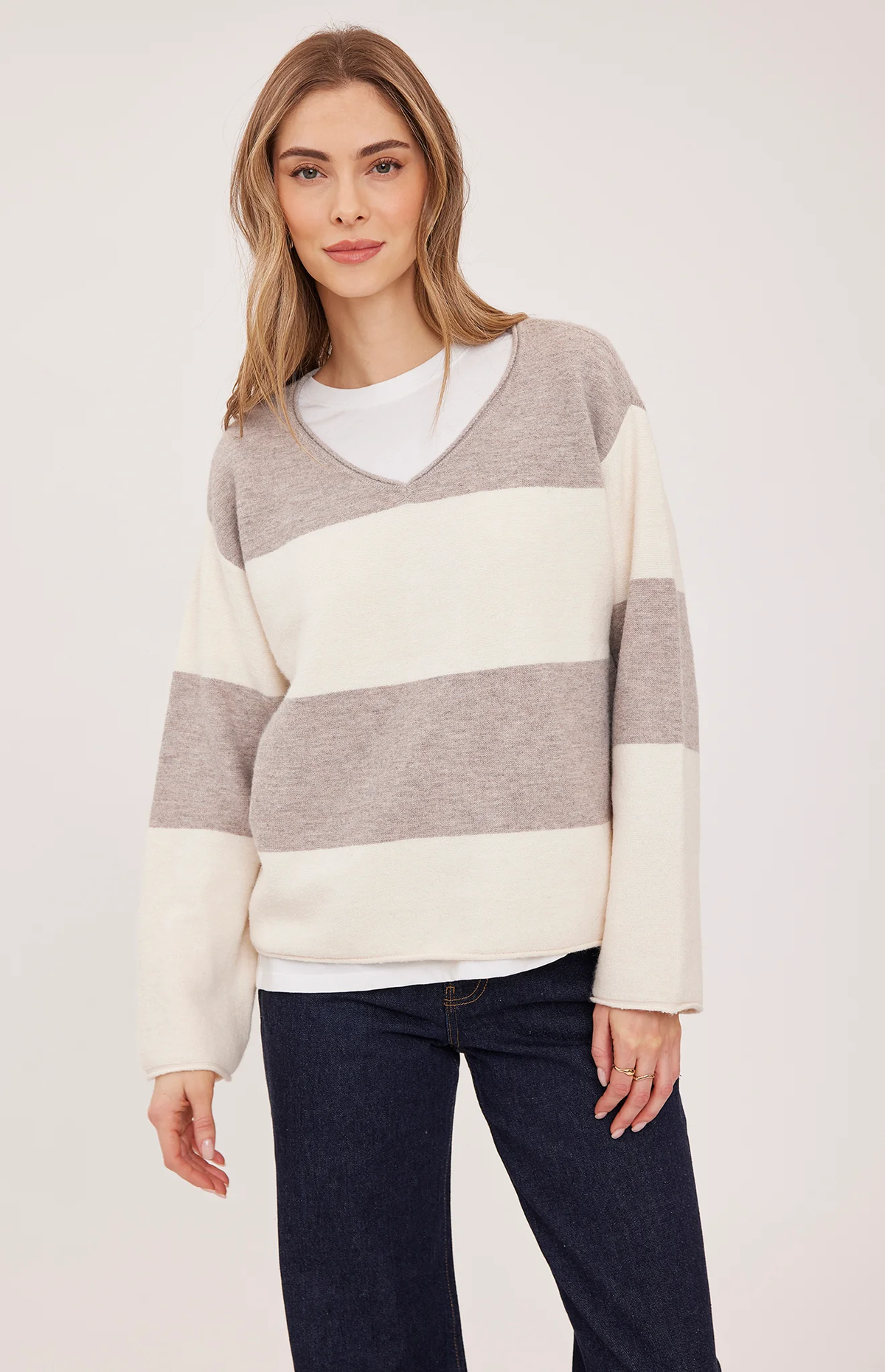 Annalise V-Neck Sweater in Latte Stripe
