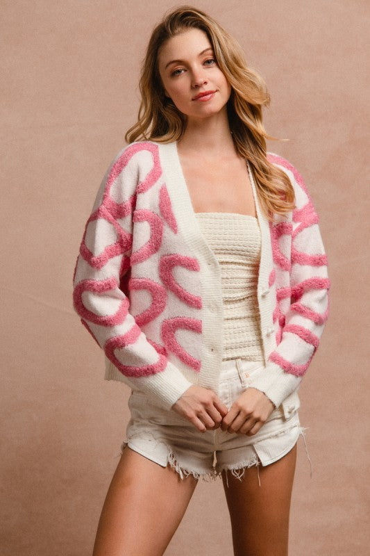 Textured Heart Buttoned V Neck Cardigan