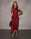 Olympia Asymmetrical Pleated Maxi Dress in Merlot