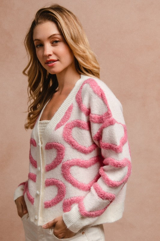 Textured Heart Buttoned V Neck Cardigan
