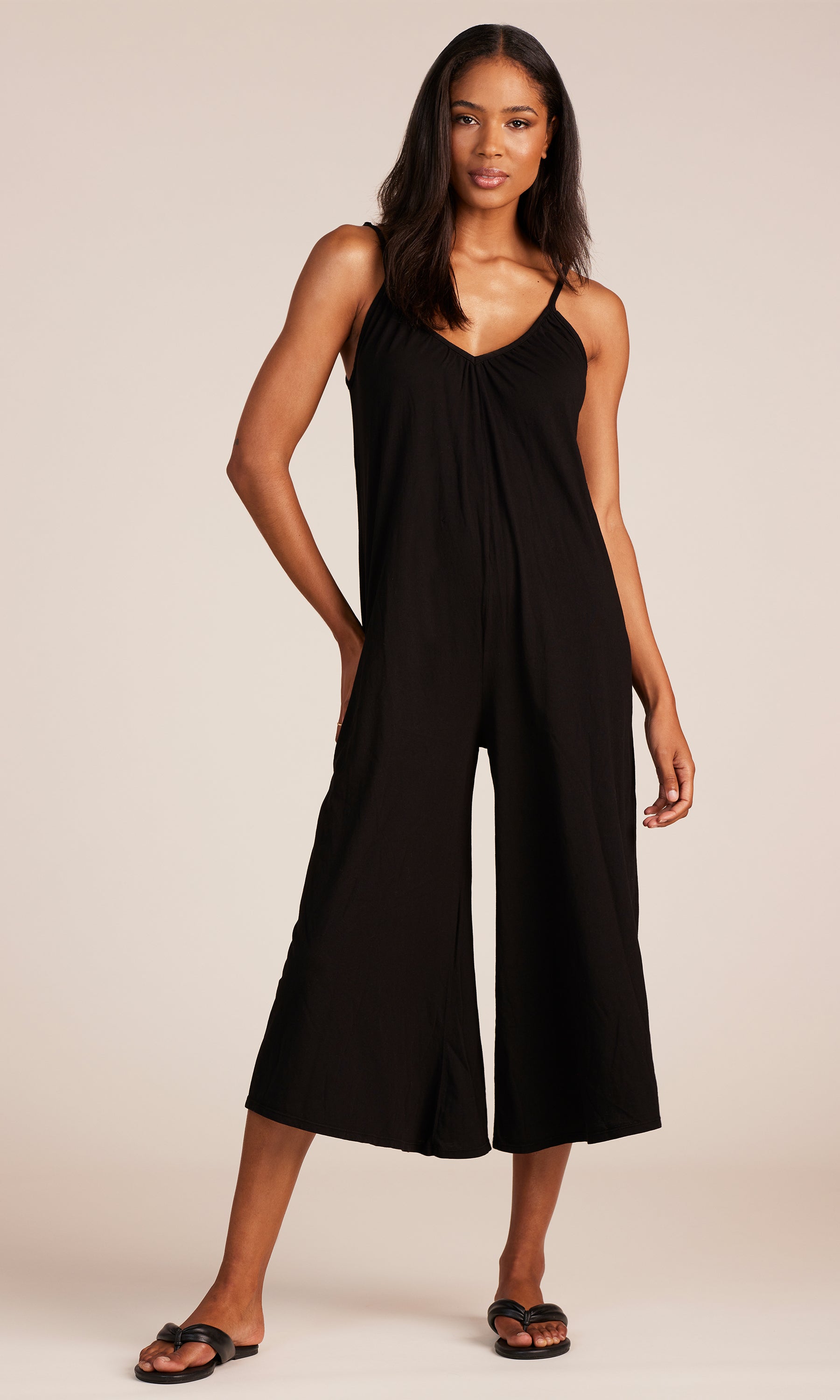 V-Neck Wide Leg Jumpsuit in Black