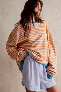 Classic Oversized Striped Crew In Latte Combo