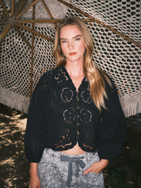 Denim Embroidery Volume Sleeve Top