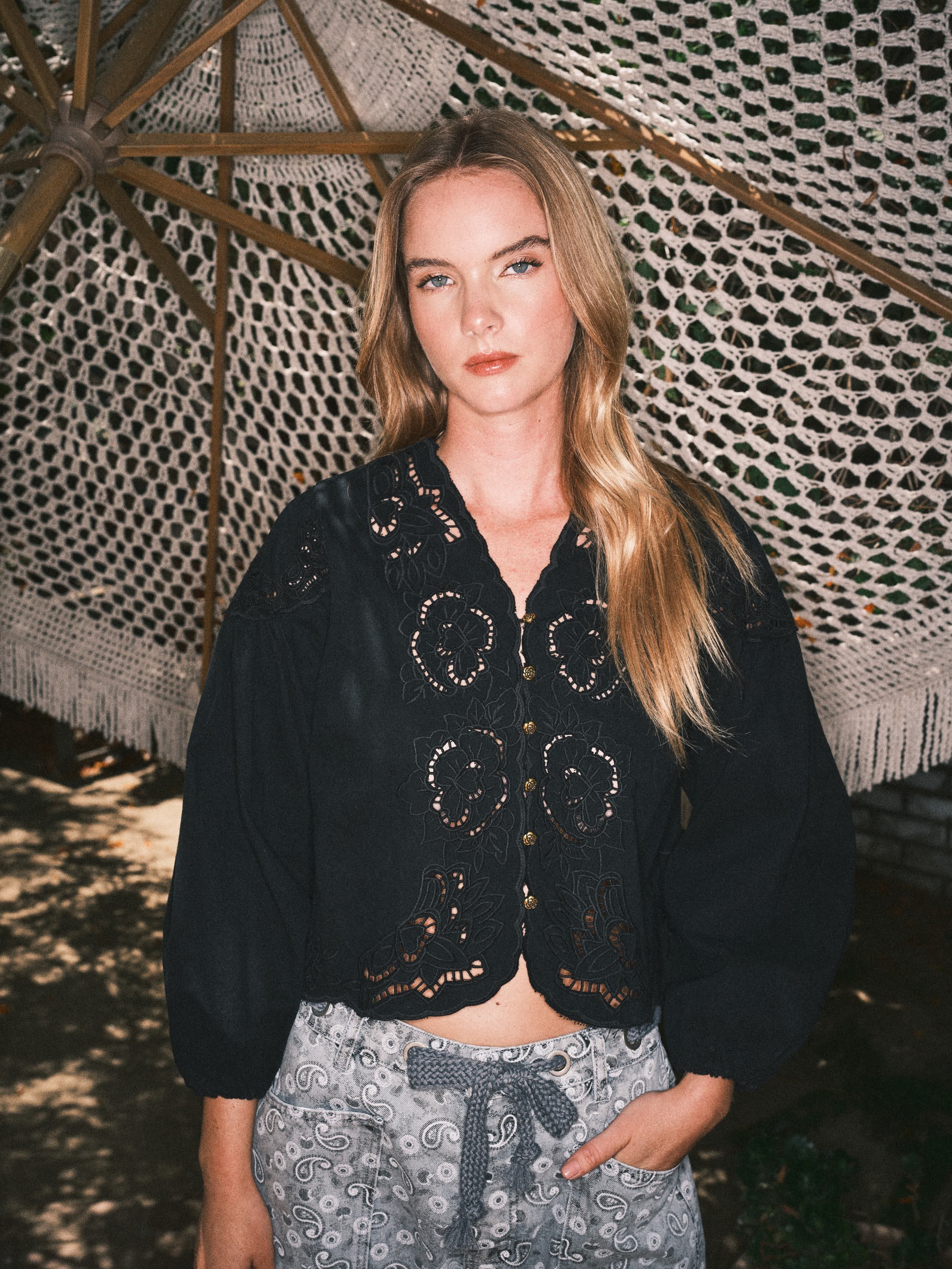 Denim Embroidery Volume Sleeve Top
