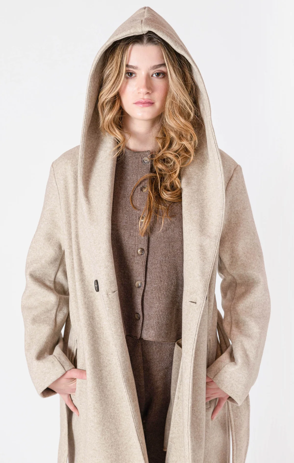 Belted Hooded Coat in Sand