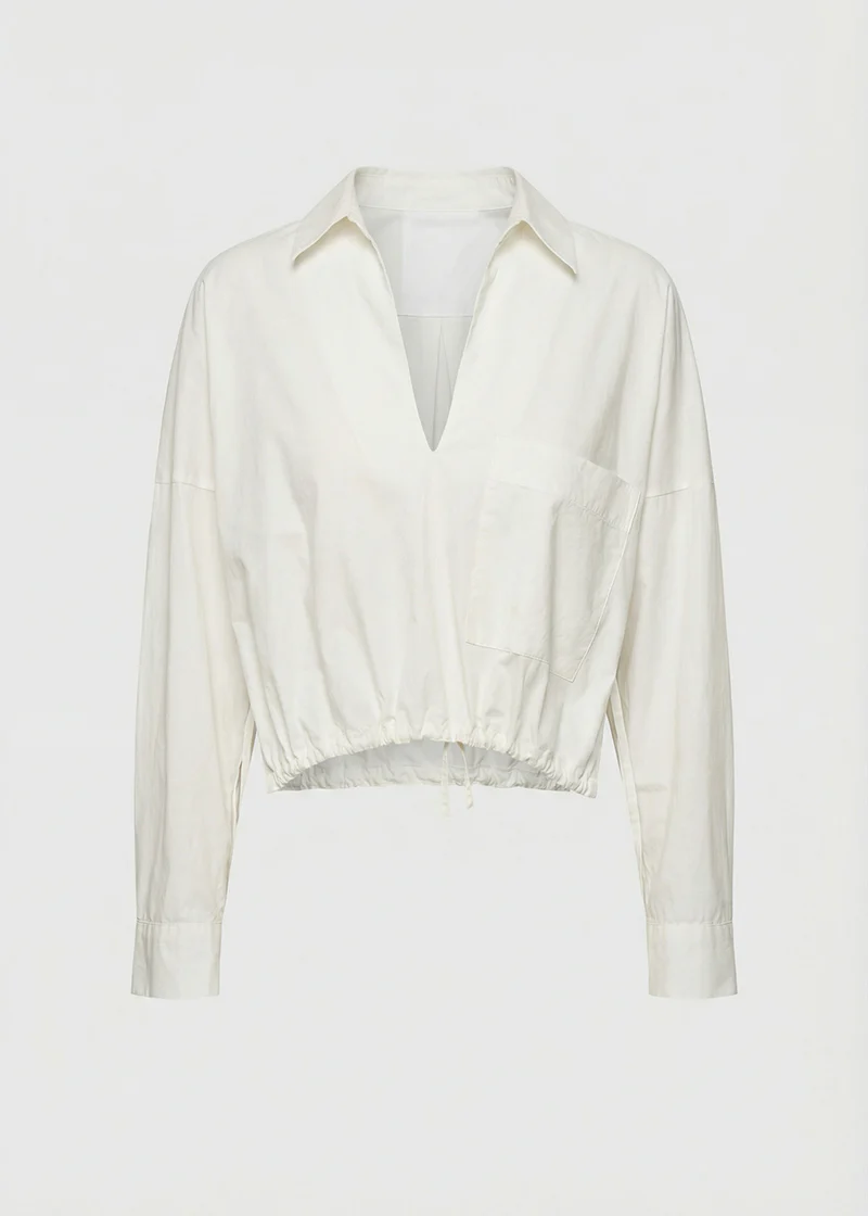 White Cropped Drawstring Blouse In Cotton Poplin