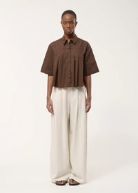 Brown Pleated Cotton Poplin Shirt