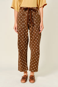 PRE-ORDER Polka Dot Barrel Denim Pants With Eyelet Waist in Brown