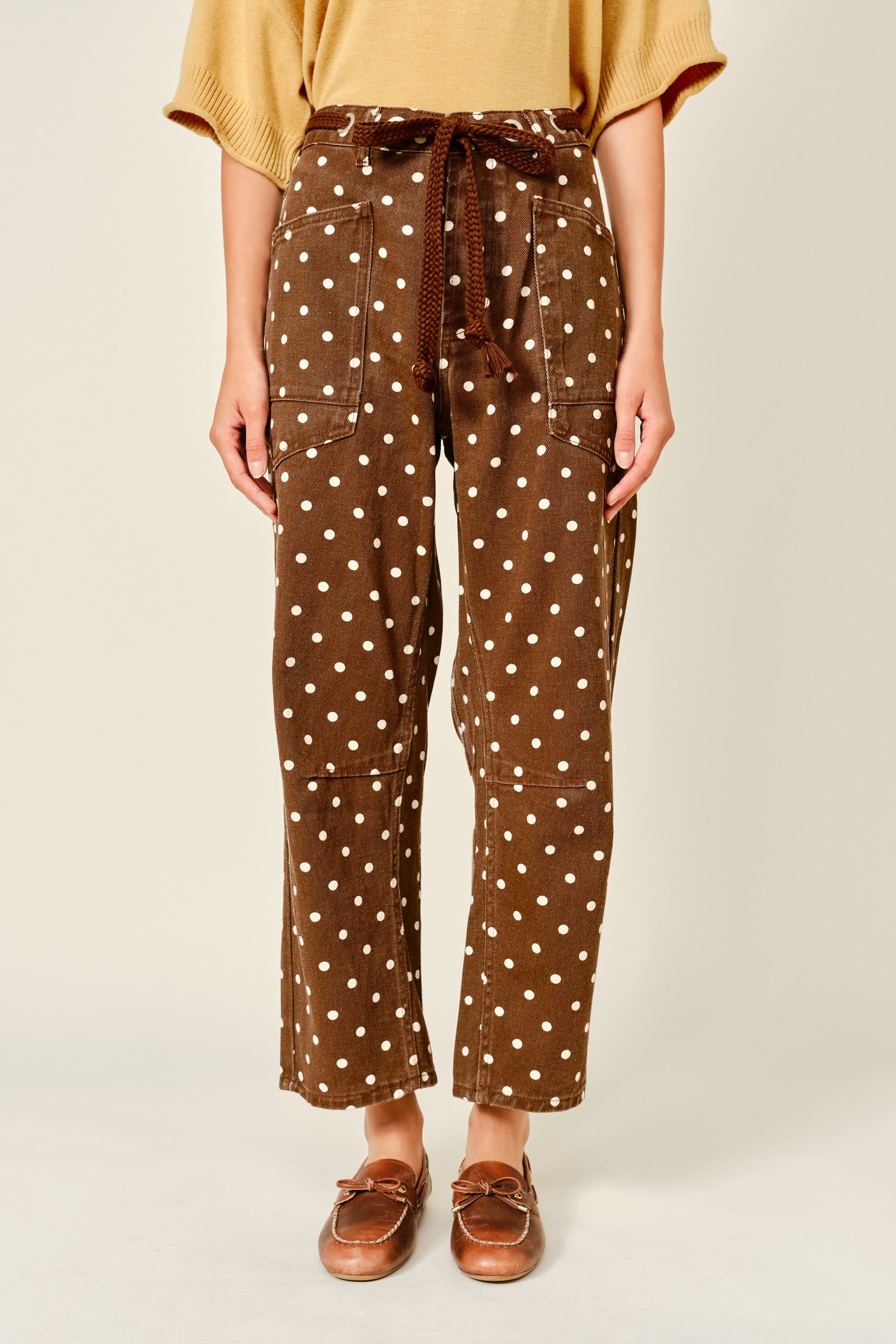 PRE-ORDER Polka Dot Barrel Denim Pants With Eyelet Waist in Brown