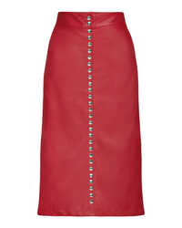 'Leather' Snap Front Midi Skirt in Red