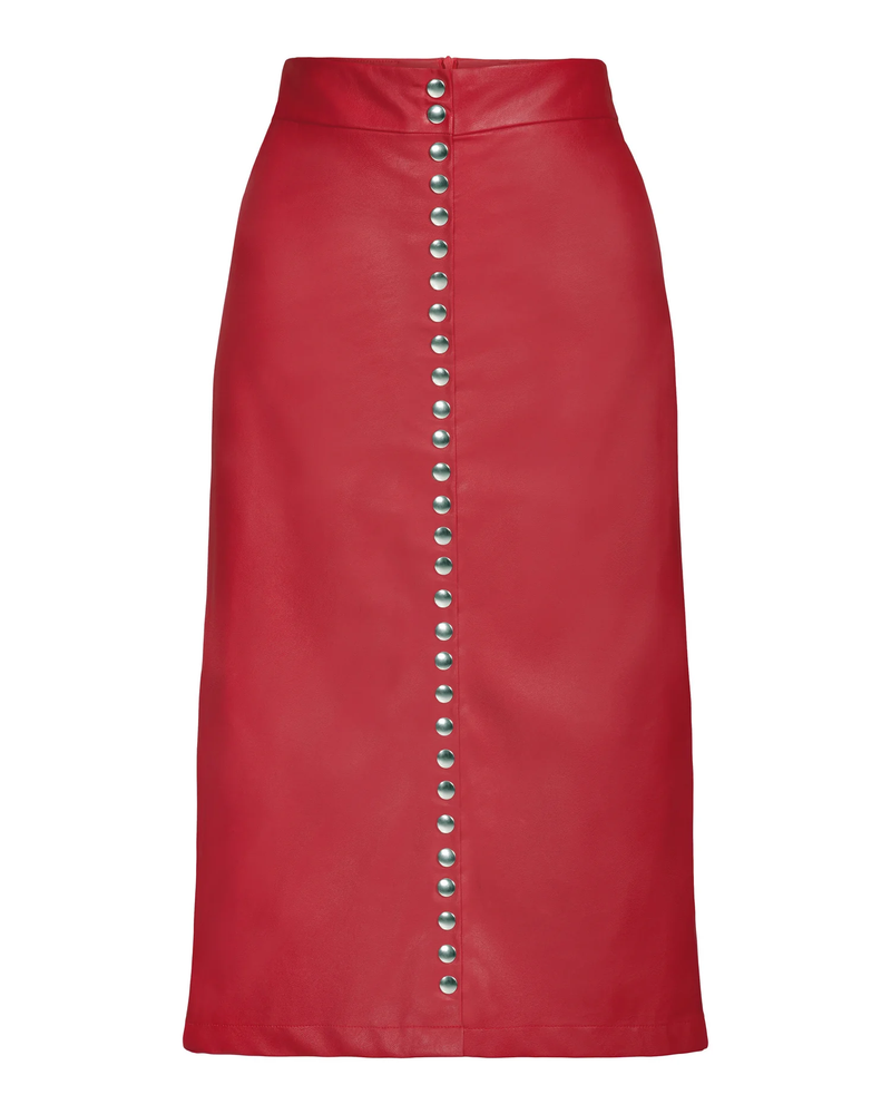 'Leather' Snap Front Midi Skirt in Red