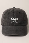Bow Embroidered Baseball Cap in Washed Black