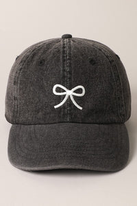 Bow Embroidered Baseball Cap in Washed Black