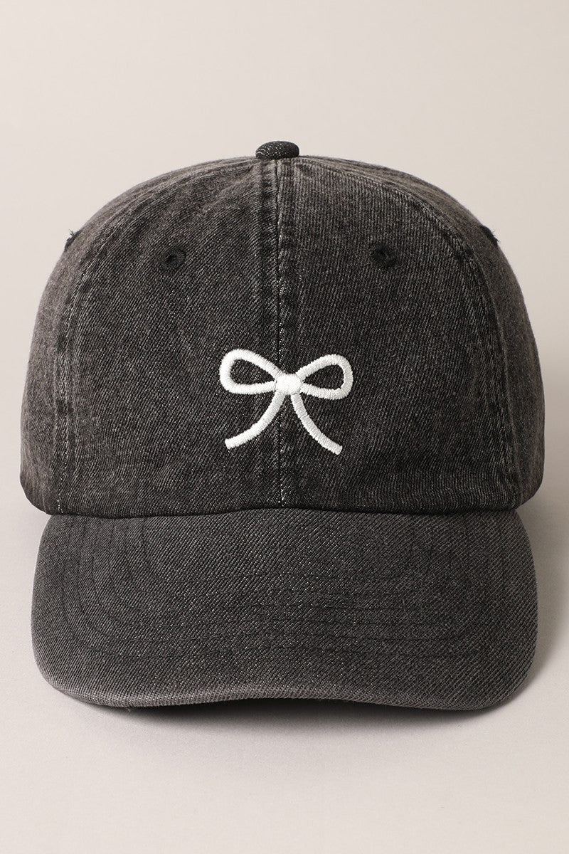 Bow Embroidered Baseball Cap in Washed Black