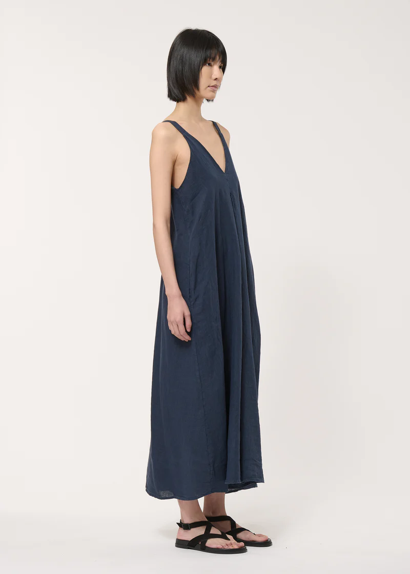 Blue Long Linen Dress With Straps