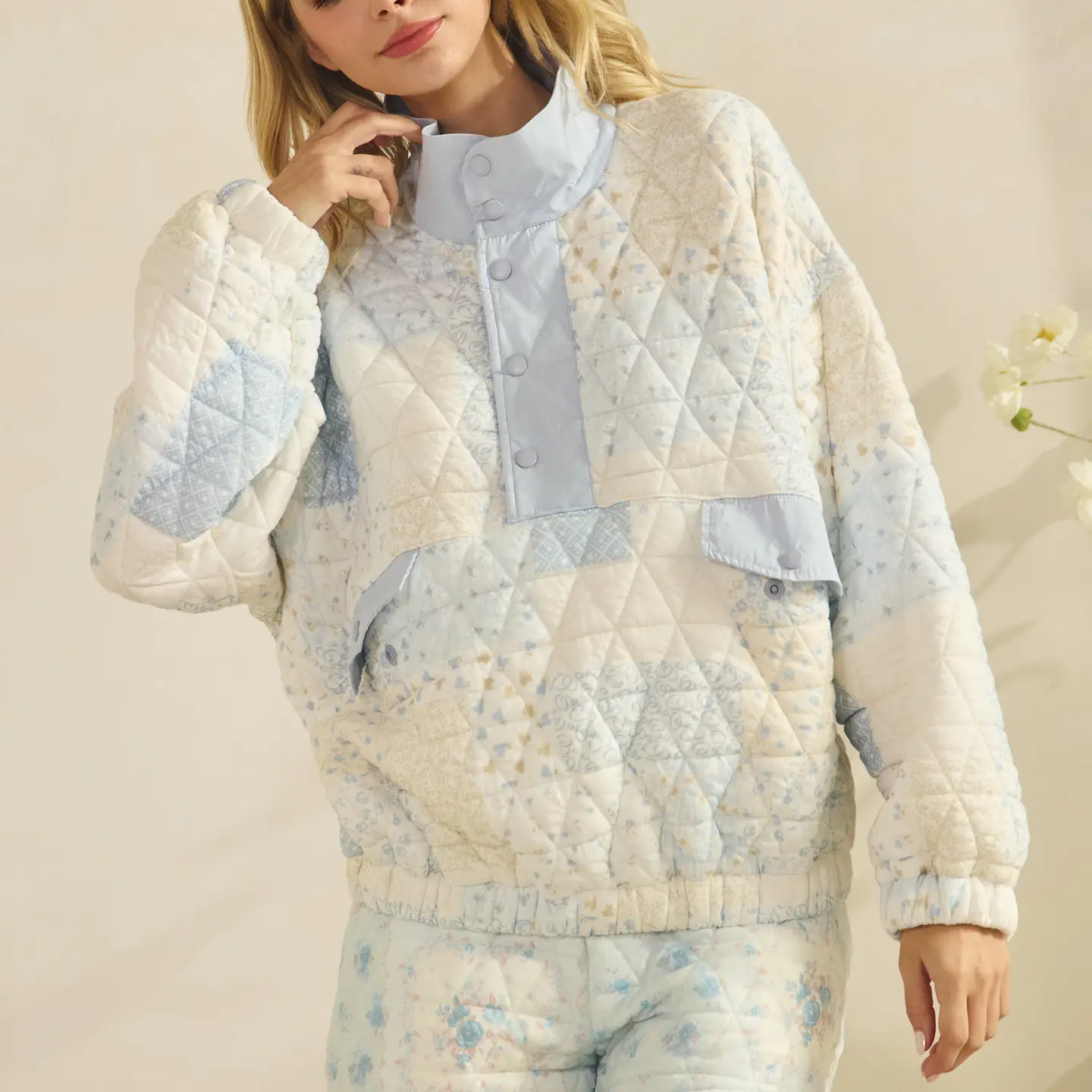 Textured Contrast Printed Quarterzip | Blue Combo