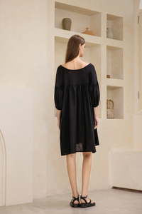 Puffed Sleeve Linen Midi Dress | Black
