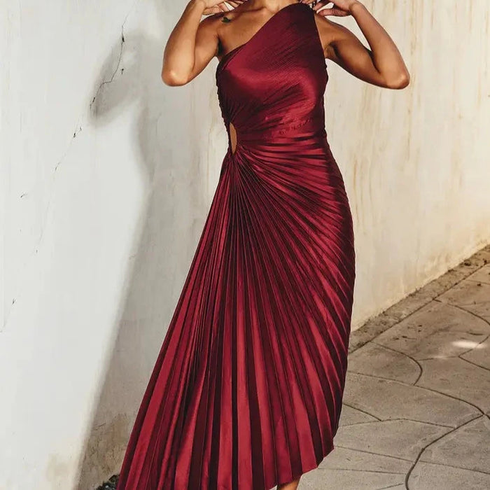 Olympia Asymmetrical Pleated Maxi Dress in Merlot