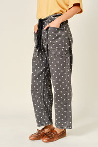 Polka Dot Barrel Denim Pants With Eyelet Waist
