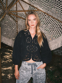 Denim Embroidery Volume Sleeve Top