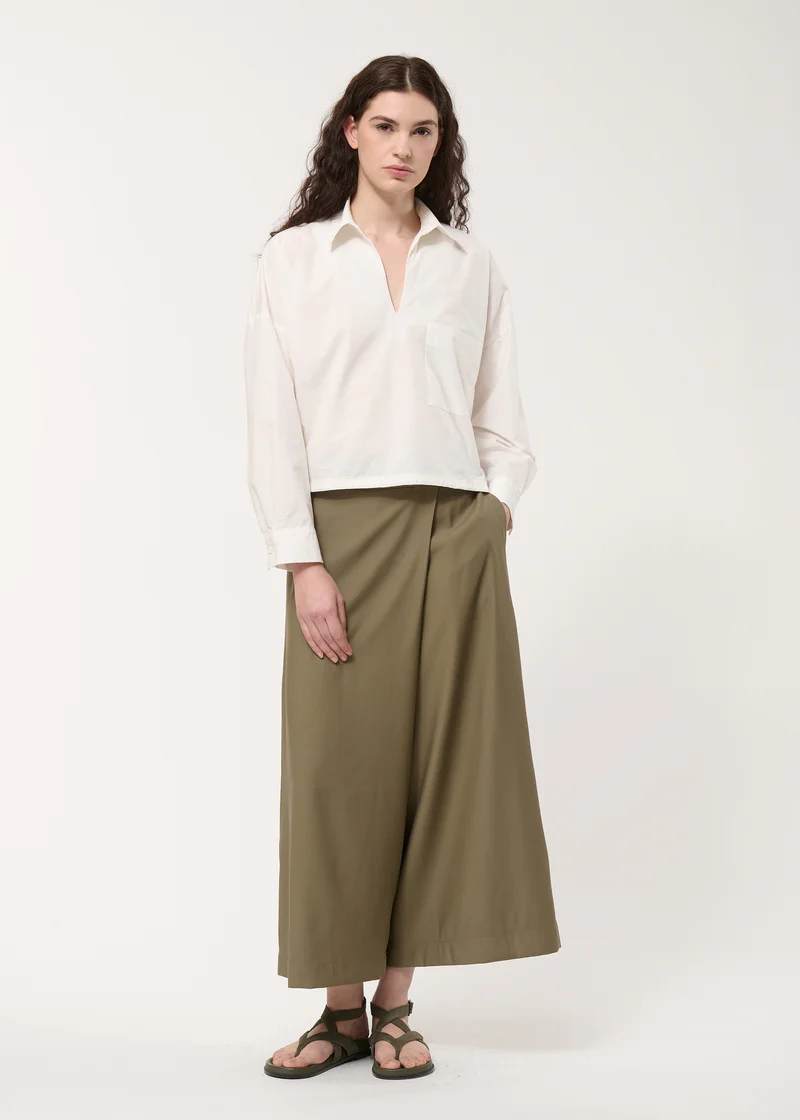 White Cropped Drawstring Blouse In Cotton Poplin